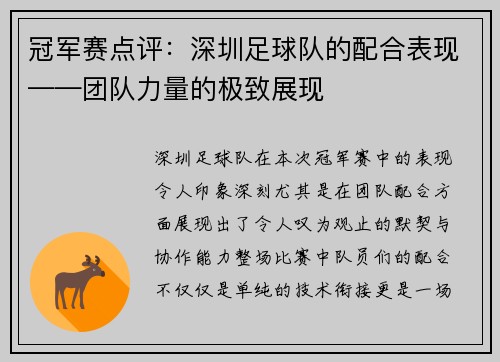 冠军赛点评：深圳足球队的配合表现——团队力量的极致展现