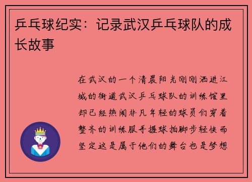 乒乓球纪实：记录武汉乒乓球队的成长故事