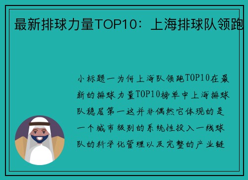最新排球力量TOP10：上海排球队领跑